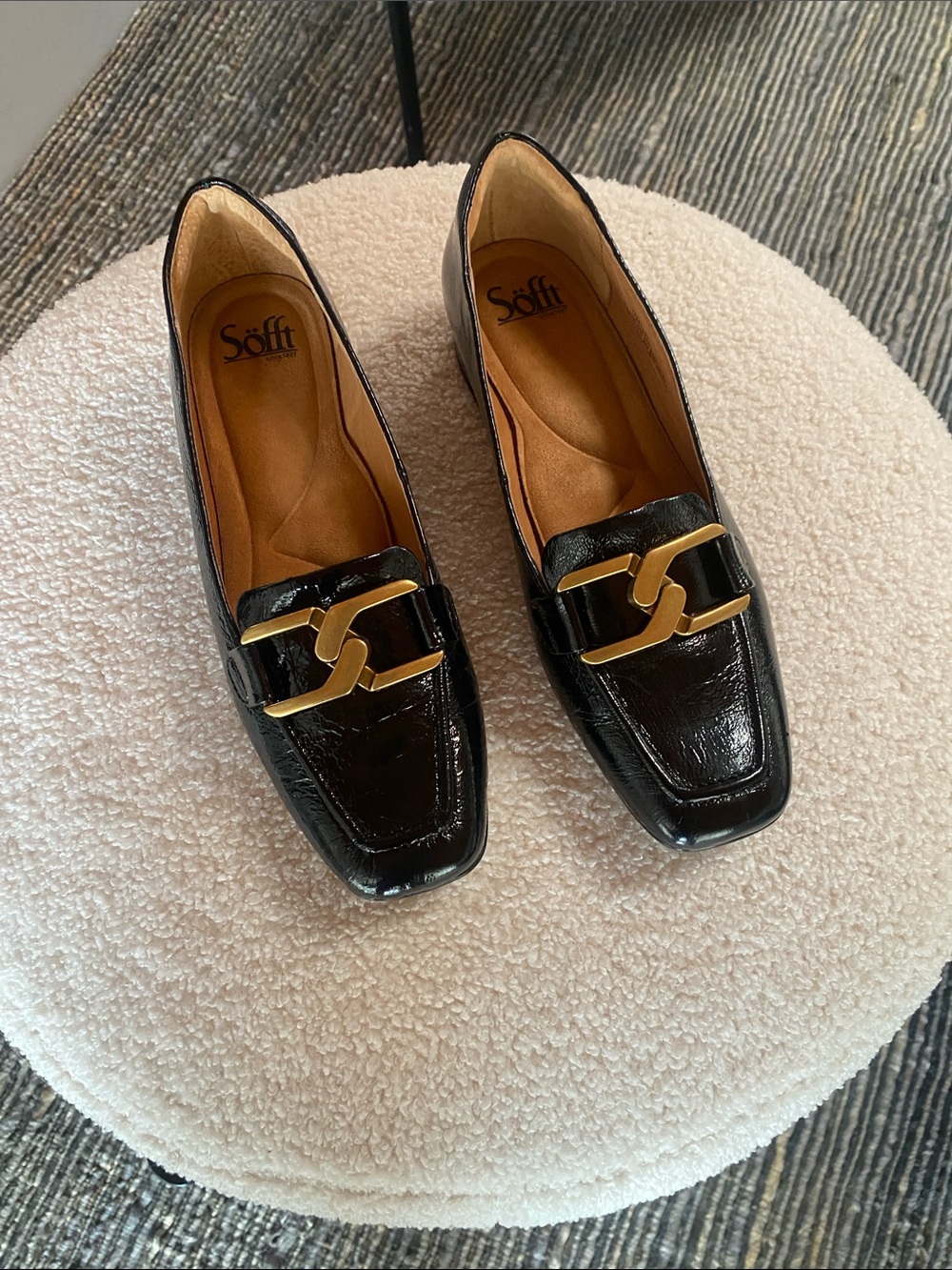 Sofft Black Patent Leather Loafers with Gold Hardware